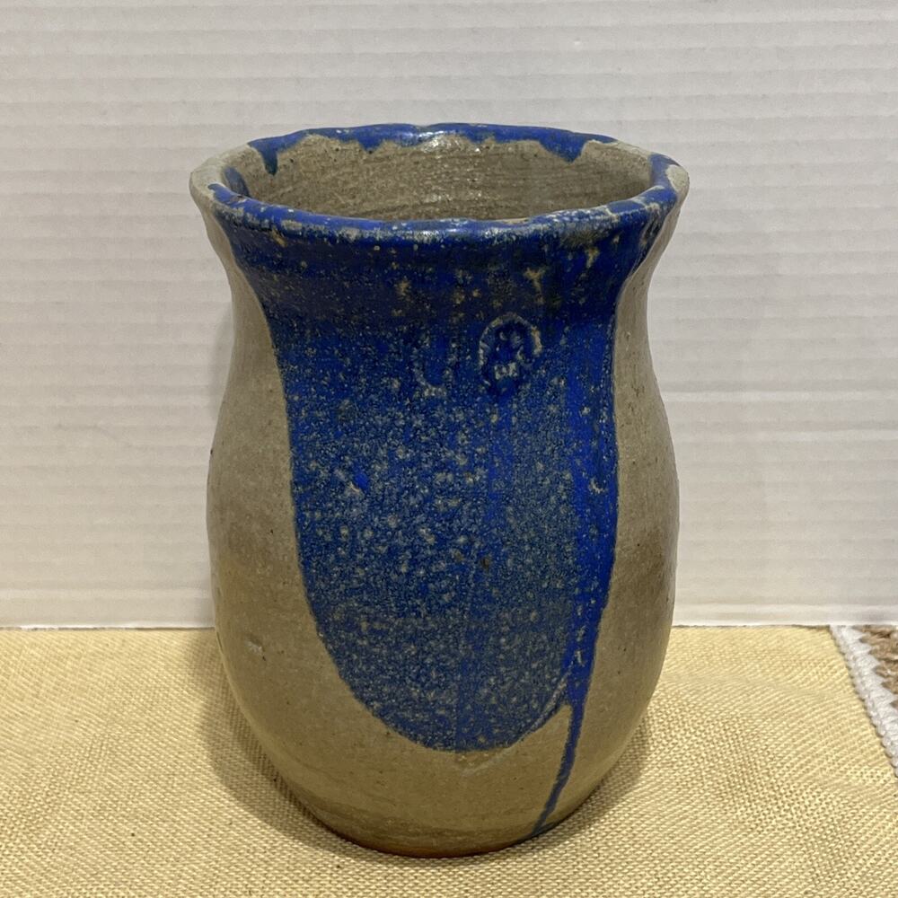 Vintage Studio Art Pottery Pot Vase 6.5"x4.5" Signed Blue Beige Medium